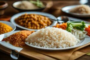 vários tipos do arroz e legumes em uma mesa. gerado por IA foto