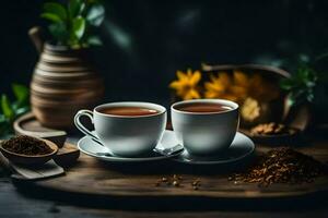 dois copos do chá em uma de madeira mesa. gerado por IA foto