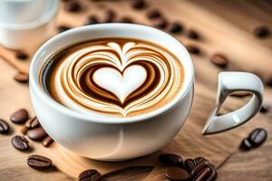 uma copo do café com uma coração forma dentro a espuma. gerado por IA foto