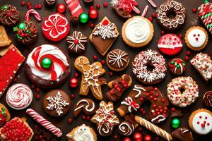 Natal biscoitos e doce bengalas estão arranjado em uma mesa. gerado por IA foto