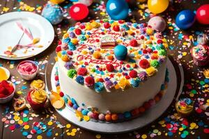 uma aniversário bolo com colorida granulados e confete. gerado por IA foto
