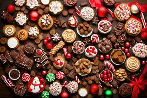 Natal biscoitos e doces em uma de madeira mesa. gerado por IA foto