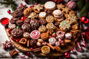 Natal biscoitos e doces em uma de madeira prato. gerado por IA foto
