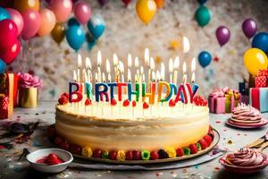 uma aniversário bolo com velas e colorida balões. gerado por IA foto