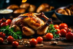 uma assado frango com legumes e pão em uma mesa. gerado por IA foto