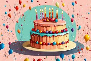 uma aniversário bolo com velas e balões. gerado por IA foto