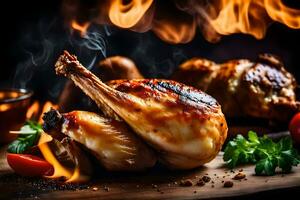 grelhado frango em uma de madeira borda com fogo. gerado por IA foto