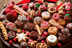 uma prato do Natal biscoitos e doces. gerado por IA foto