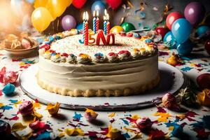 uma aniversário bolo com velas e confete. gerado por IA foto