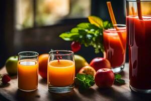 suco e fruta em uma mesa. gerado por IA foto