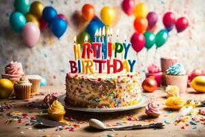 uma aniversário bolo com velas este dizer feliz aniversário. gerado por IA foto