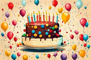 feliz aniversário bolo com velas e balões em uma bege fundo. gerado por IA foto