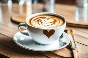uma copo do café com uma coração Projeto em a topo. gerado por IA foto