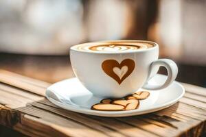 uma copo do café com uma coração em forma café com leite arte. gerado por IA foto