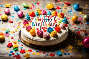 uma aniversário bolo com colorida balões e confete. gerado por IA foto