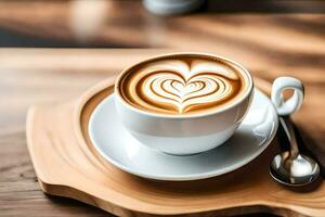 uma copo do café com uma coração forma dentro a espuma. gerado por IA foto