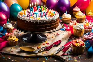 a aniversário bolo é cercado de balões e confete. gerado por IA foto