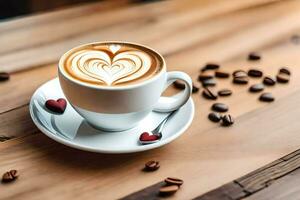 uma copo do café com coração em forma café com leite arte em a mesa. gerado por IA foto