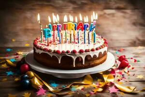 uma aniversário bolo com velas em topo. gerado por IA foto