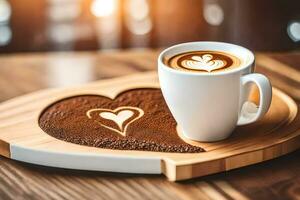 café e coração em forma café com leite arte em uma de madeira bandeja. gerado por IA foto