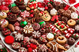 uma prato do Natal biscoitos e doces. gerado por IA foto