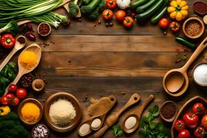 uma de madeira mesa com vários legumes e especiarias. gerado por IA foto