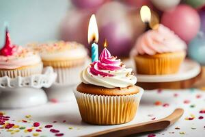 aniversário bolos de copo com uma aceso vela. gerado por IA foto