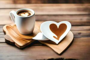 café e coração em forma copo em uma de madeira mesa. gerado por IA foto