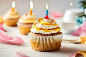 bolos de copo com velas em uma mesa. gerado por IA foto