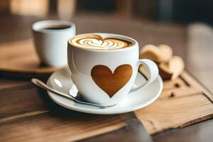uma copo do café com uma coração em forma café com leite arte em a lado. gerado por IA foto