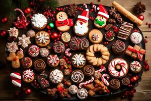 Natal biscoitos em uma de madeira mesa. gerado por IA foto