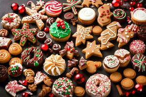Natal biscoitos e de outros doces em uma Preto fundo. gerado por IA foto