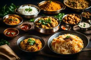 indiano Comida dentro taças e taças em uma mesa. gerado por IA foto