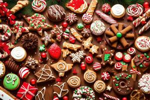 Natal biscoitos e doces em uma de madeira mesa. gerado por IA foto