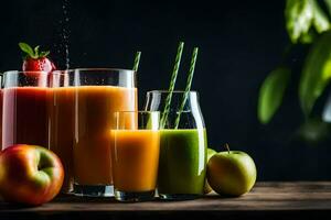 suco e fruta dentro óculos em uma mesa. gerado por IA foto