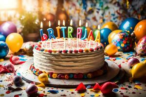 uma aniversário bolo com aceso velas e balões. gerado por IA foto