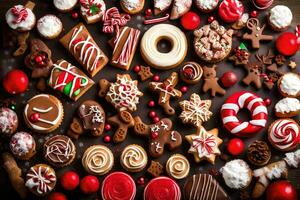 Natal biscoitos e doces em uma Sombrio fundo. gerado por IA foto