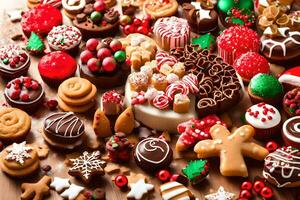 Natal biscoitos e doces em uma mesa. gerado por IA foto