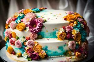 uma colorida bolo com flores em topo. gerado por IA foto