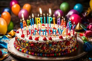 uma aniversário bolo com velas e colorida confete. gerado por IA foto