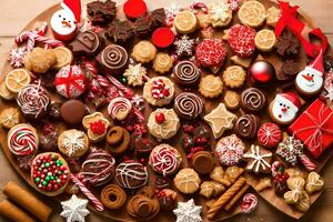 uma coração em forma prato com vários Natal biscoitos. gerado por IA foto