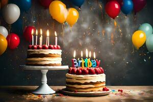 dois aniversário bolos com velas em topo. gerado por IA foto