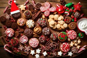 Natal biscoitos e doces em uma de madeira mesa. gerado por IA foto