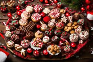 Natal biscoitos e doces em uma de madeira mesa. gerado por IA foto