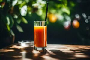 uma vidro do laranja suco em uma mesa. gerado por IA foto