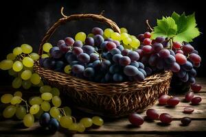 uvas dentro uma cesta em uma de madeira mesa. gerado por IA foto