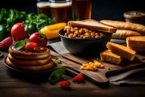 alimentos em a mesa. gerado por IA foto