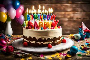 uma aniversário bolo com velas e a palavra feliz. gerado por IA foto