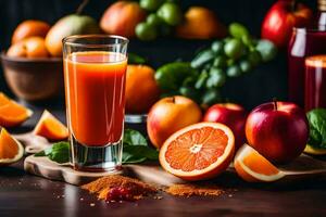 uma vidro do laranja suco com laranjas, maçãs e especiarias. gerado por IA foto