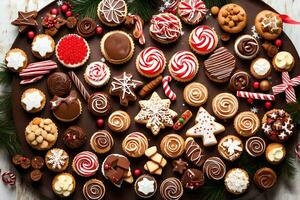 uma ampla prato do Natal biscoitos e doces. gerado por IA foto